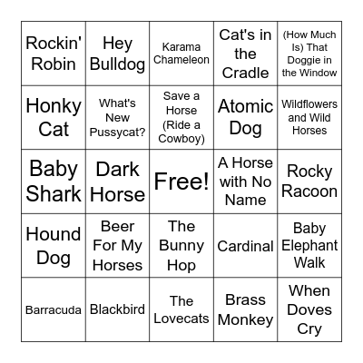 Animal Titles- Music Bingo Card