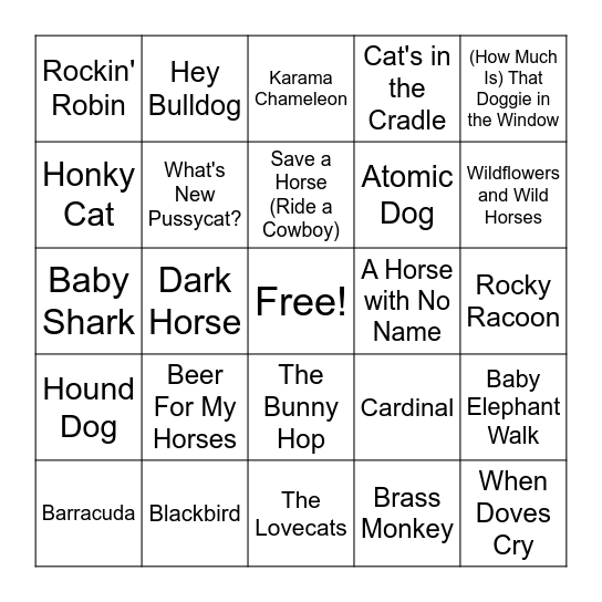 Animal Titles- Music Bingo Card