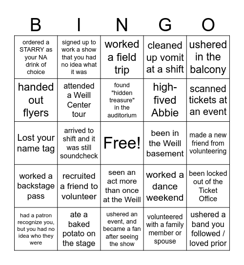 Weill Center Volunteer Bingo Card