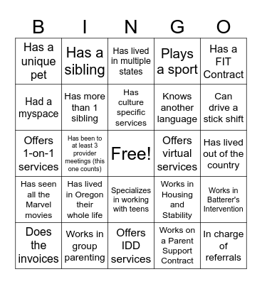 Provider Bingo Card