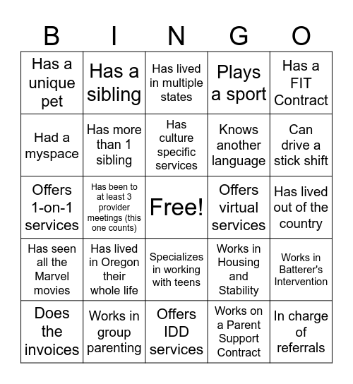 Provider Bingo Card