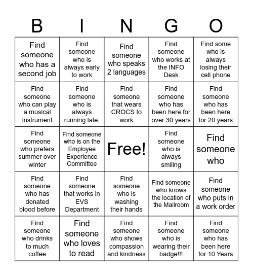 Hospital Week Bingo Card