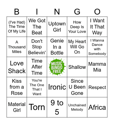 Songs Your Mom Loves Bingo Card