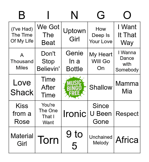 Songs Your Mom Loves Bingo Card