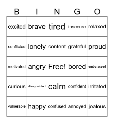 Feelings Wheel Bingo Card