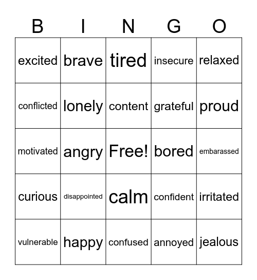 Feelings Wheel Bingo Card