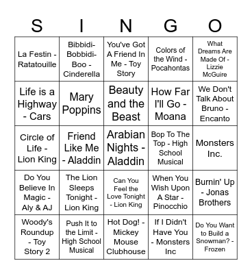 Disney Hits Bingo Card