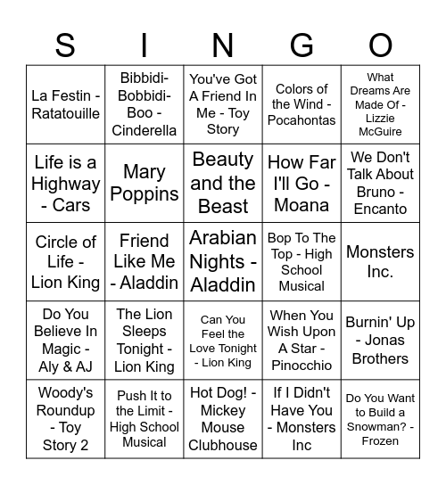 Disney Hits Bingo Card