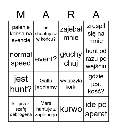 Mara szpara Bingo Card