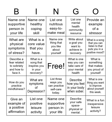 RECOVERY BINGO Card