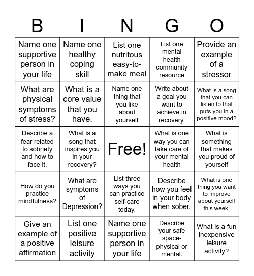 RECOVERY BINGO Card