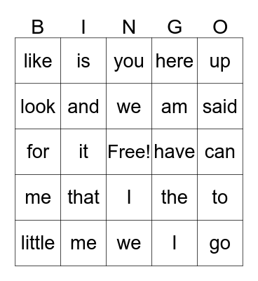 Sight Words Bingo Card