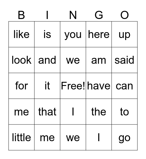 Sight Words Bingo Card
