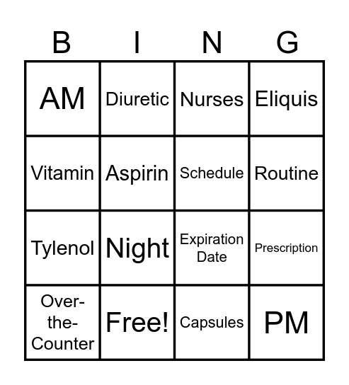 Medication Bingo Card