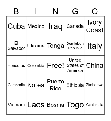 Countries Around the World Bingo Card