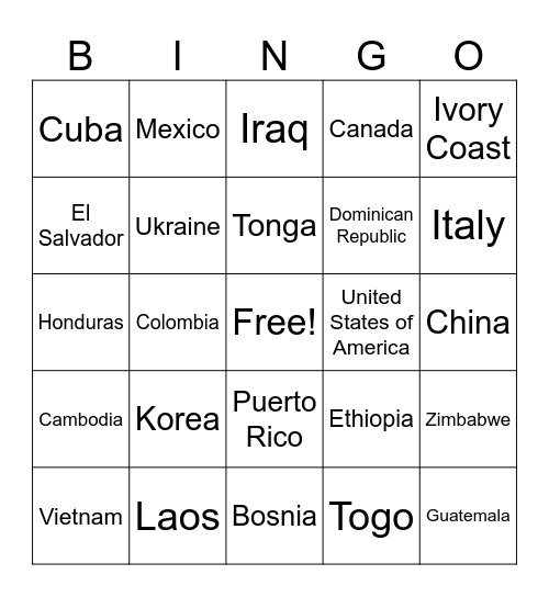 Countries Around the World Bingo Card