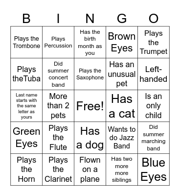 Band Kid Bingo Card