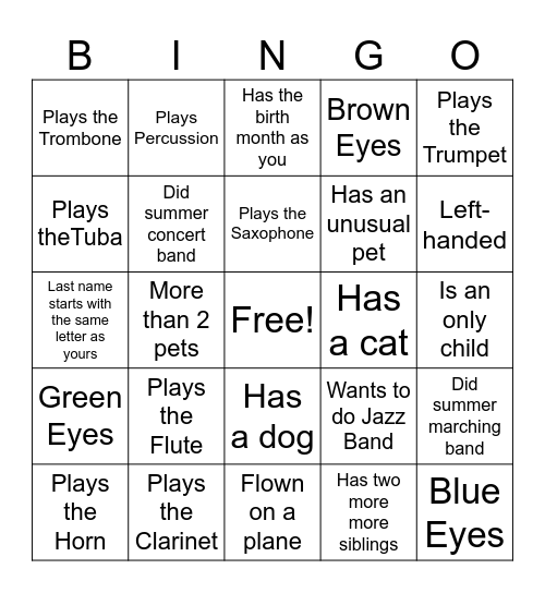 Band Kid Bingo Card