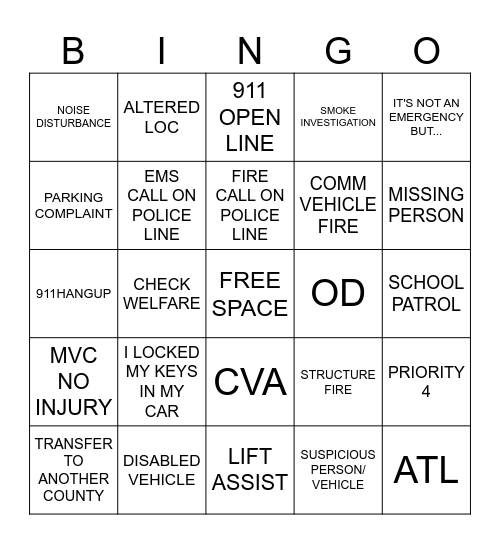 ALLEGANY COUNTY 911 Bingo Card
