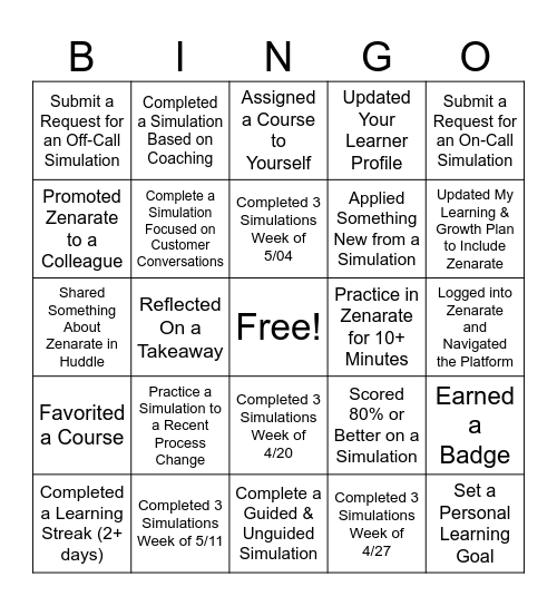 Zenarate Bingo Card