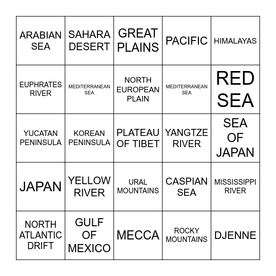 TCAP Geography Locations Bingo Card