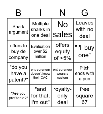 Shark Tank Bingo Card