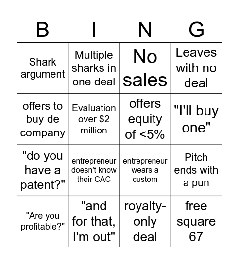 Shark Tank Bingo Card
