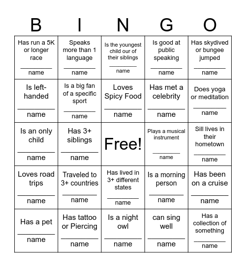 Getting to Know the Team Bingo Card