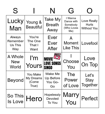 Movie Love Songs Singo - 50 songs Bingo Card