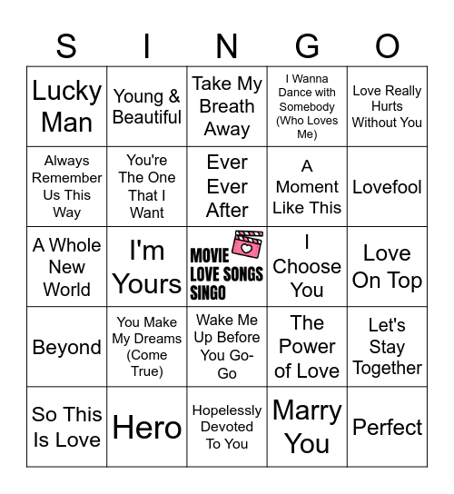Movie Love Songs Singo - 50 songs Bingo Card