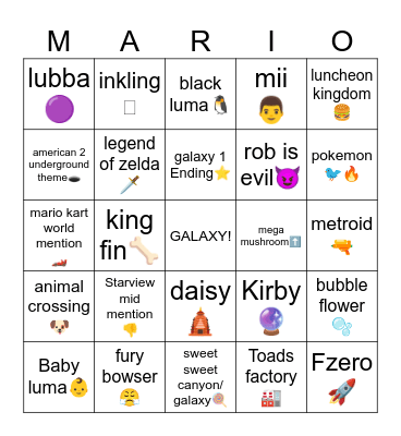 Mario Galaxy Bingo Card
