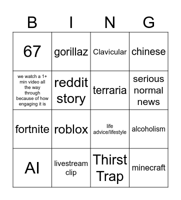 yt shorts bingo Card