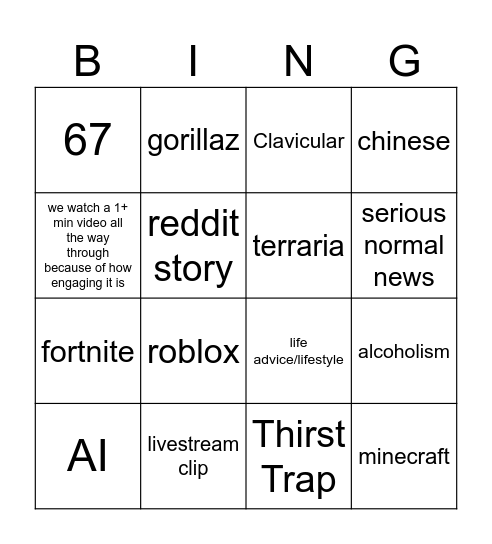 yt shorts bingo Card