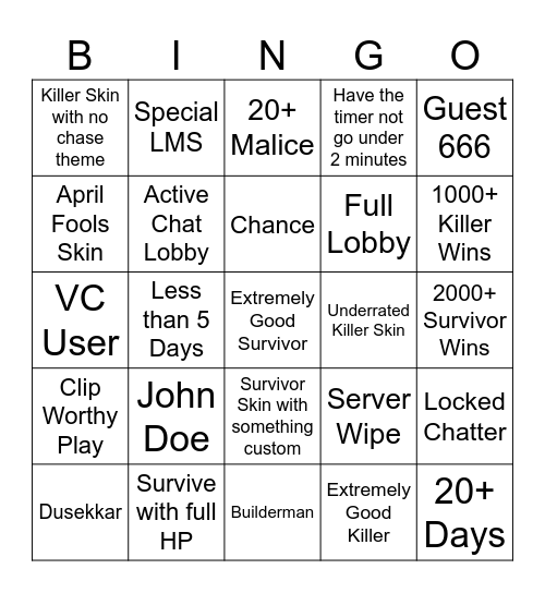 Forsaken Bingo Card