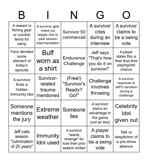 Survivor Bingo Card
