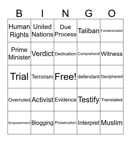 Vocabulary Bingo  Bingo Card