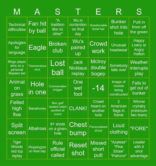 The Masters 2026 Bingo Card