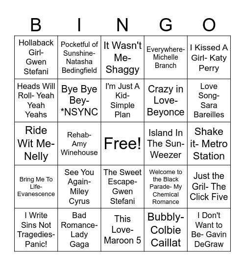 Y2K Throwback Bingo Card