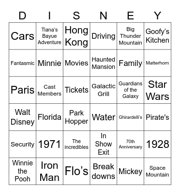 Disney Bingo Card
