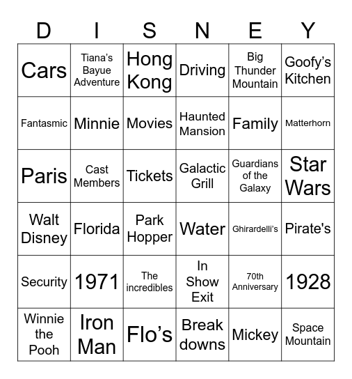 Disney Bingo Card