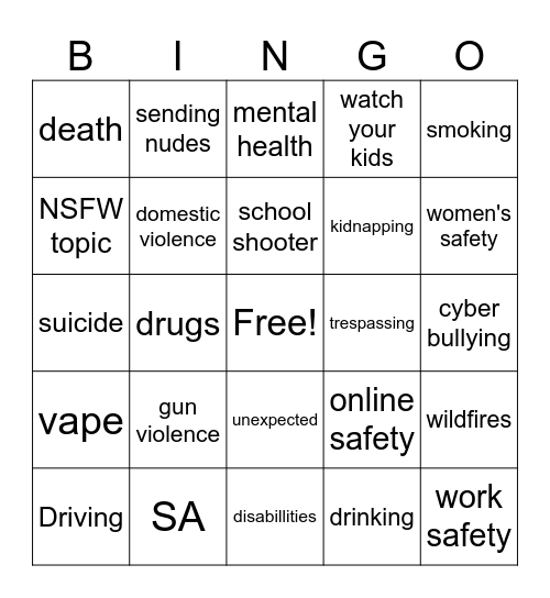 PSA Bingo Card