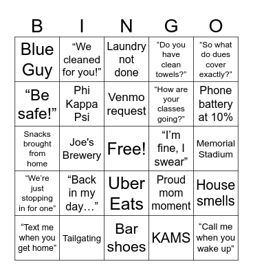 Mom's Weekend 2026 Bingo Card