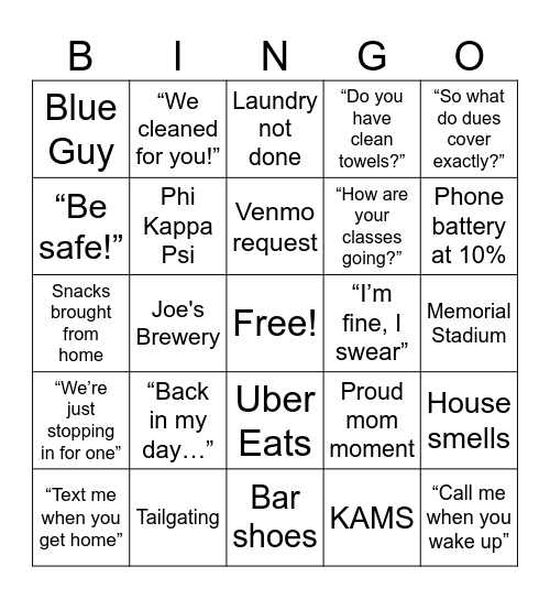 Mom's Weekend 2026 Bingo Card
