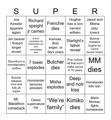 The Boys S5 Predictions Bingo Card