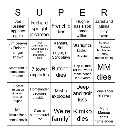 The Boys S5 Predictions Bingo Card