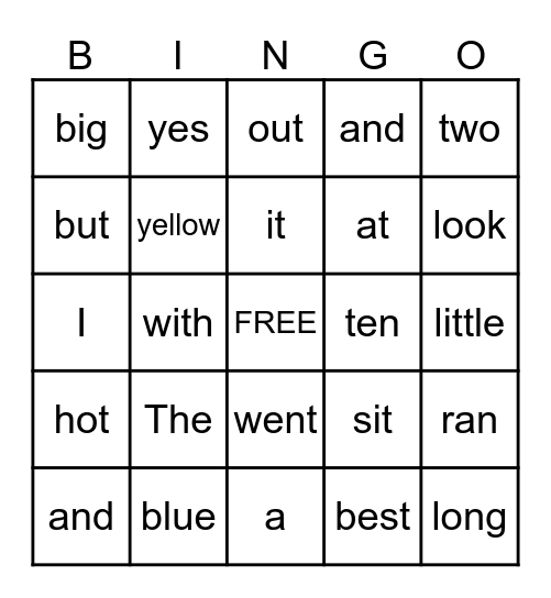 Sight Words Bingo Card