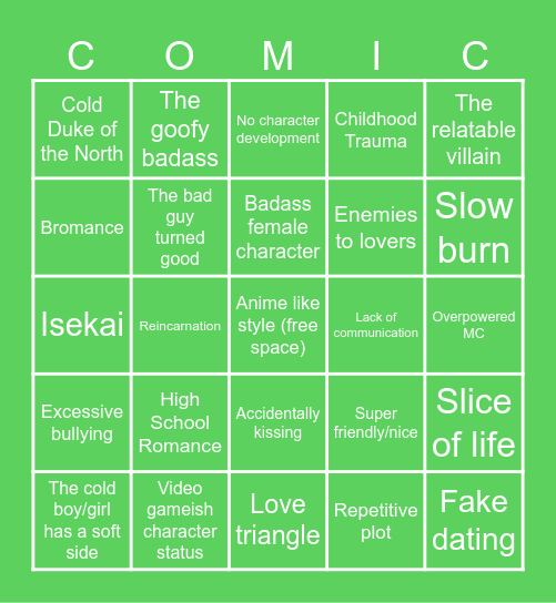 Webtoon Trope Bingo Card