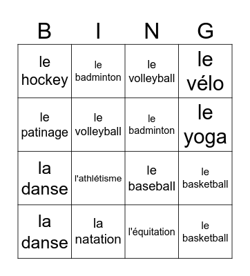 Les Sports Bingo Card