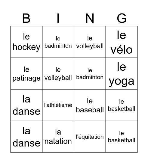 Les Sports Bingo Card