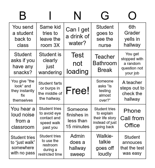 Hallway Proctor State Testing BINGO Card
